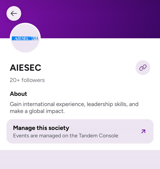 A society page in the Tandem app showing the Manage this society band
